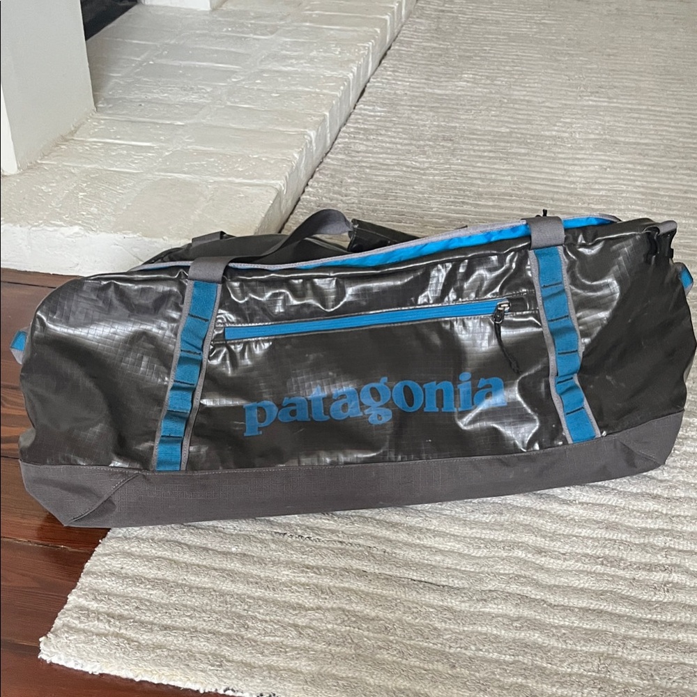 Patagonia Pewter Gray  Gloss and Blue Duffel Bag 90L